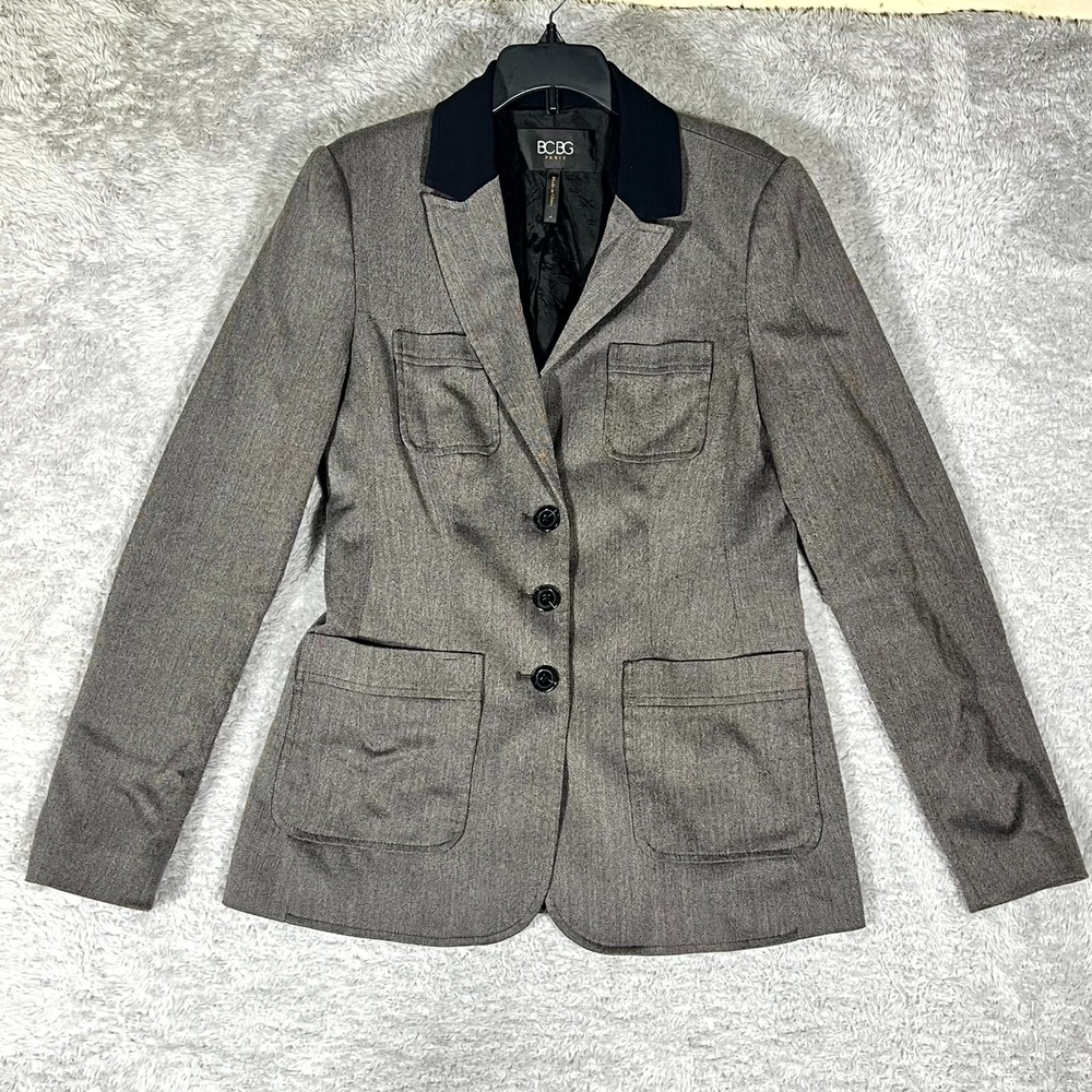 BCBG Paris Blazer Jacket Womens 4 Gray Notch Lapel Single Breasted Career Formal